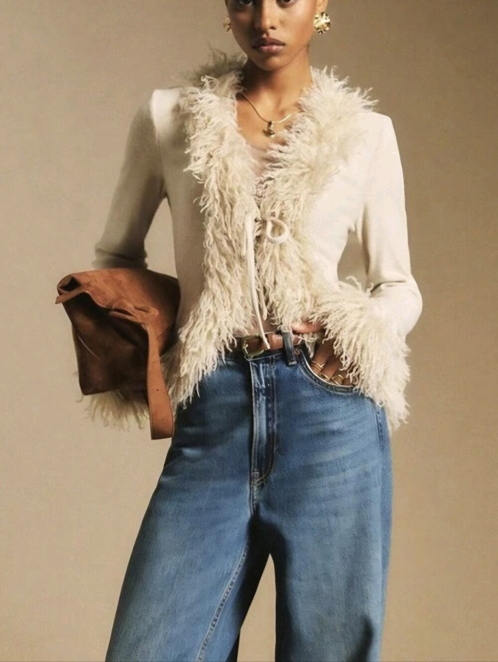Women's Off-White Plush Trim Tie-Placket Elegant Blouse,Autumn Brunch Long - Picture 2 of 7